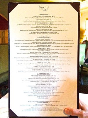 Restaurant Circa 1886 menu
